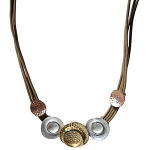 Boho Chic Mixed Metal Hammered Disc Statement Necklace Leather Cord Fashion